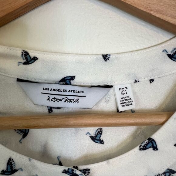& Other Stories Bird Print Long Sleeve Button Up Shirt Blouse Size 4 in White - Picture 5 of 9